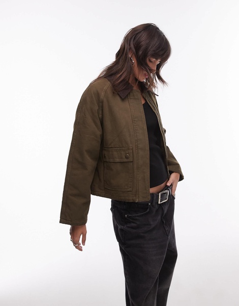 Mango wax collared jacket in green