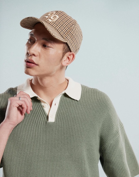 ASOS DESIGN relaxed boxy fit knitted polo with 3/4 length sleeves in sage green