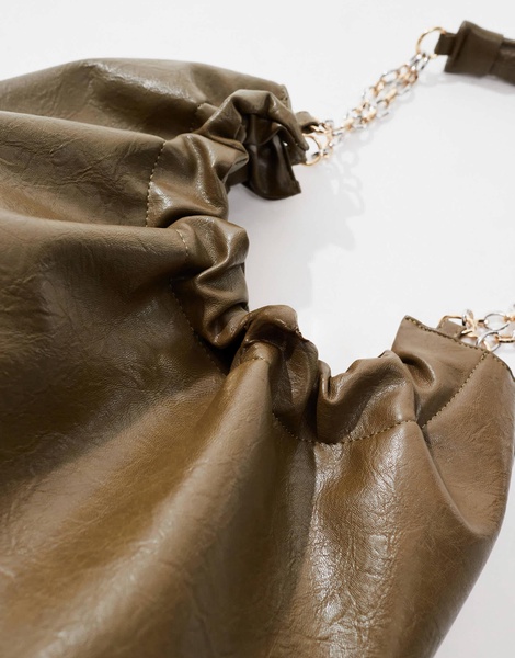 ASOS DESIGN ruched opening tote bag with chain handle in khaki