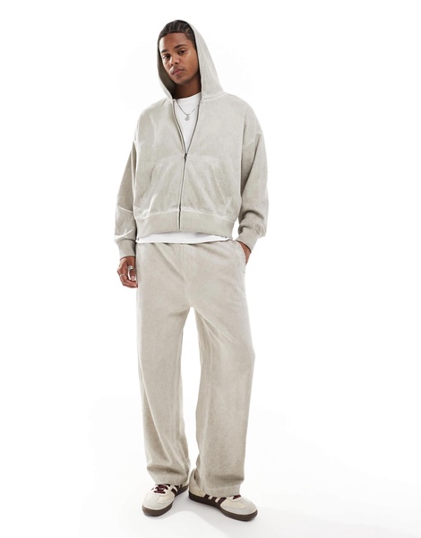 Bershka washed zip through hoodie tracksuit in stone