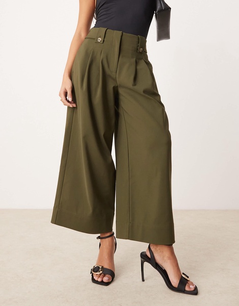 ASOS DESIGN Petite cropped adjustable tab waist pants in olive
