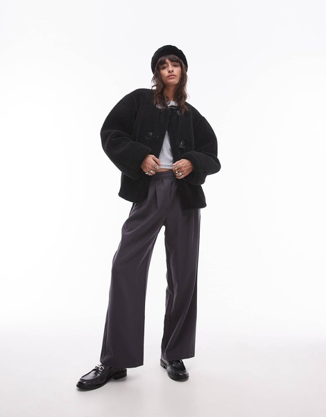 Topshop toggle collarless short borg coat in black