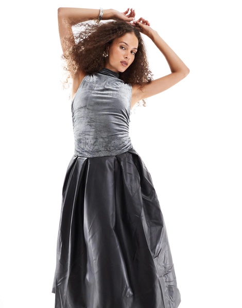 Amy Lynn Alexa PU midi dress in charcoal velvet