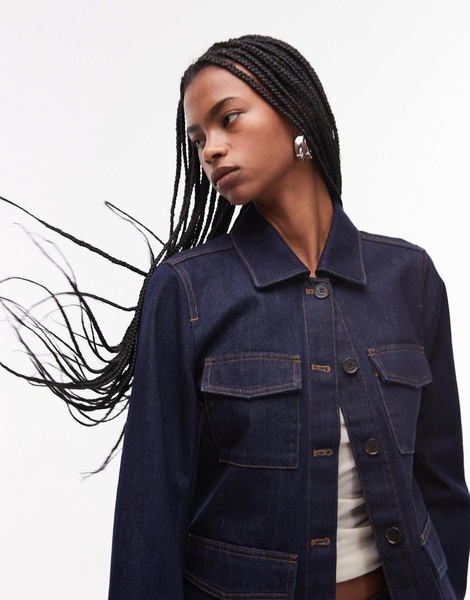 ARKET denim shacket with contrast thread front patch pockets in rinse wash indigo