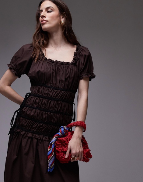 Topshop cap sleeve shirred dress with tie sides in brown with contrast black ties