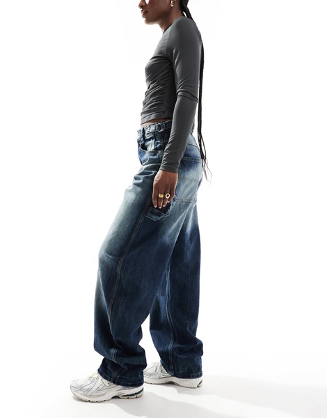 Bershka adjustable waist carpenter jeans in acid wash blue
