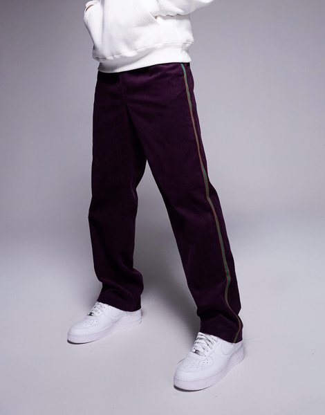 ASOS DESIGN pull on pants in purple corduroy with stripe detail
