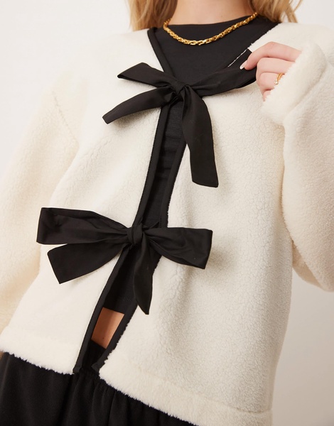 ASOS DESIGN teddy jacket with bow tie details in ecru