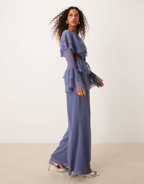 ASOS DESIGN exaggerated ruffle sleeve jumpsuit with cut out waist in blue