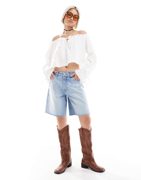 Bershka crinkle off the shoulder top in ecru