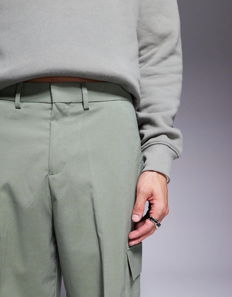 ASOS DESIGN wide leg smart pants in green with cargo pockets