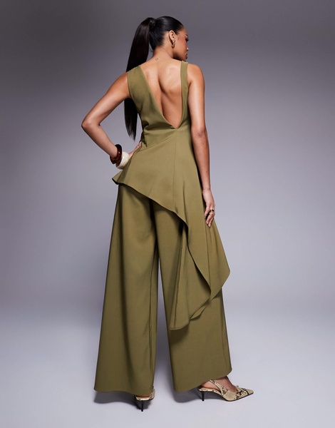 ASOS DESIGN twist shoulder draped jumpsuit in olive