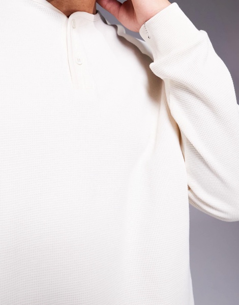 ASOS DESIGN oversized boxy long sleeve henley waffle T-shirt in cream