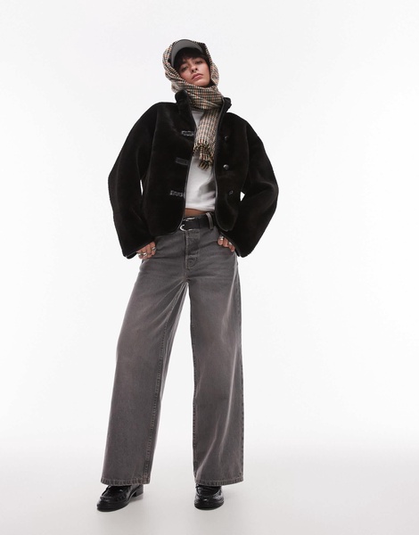 Mango funnel neck shearling jacket in black