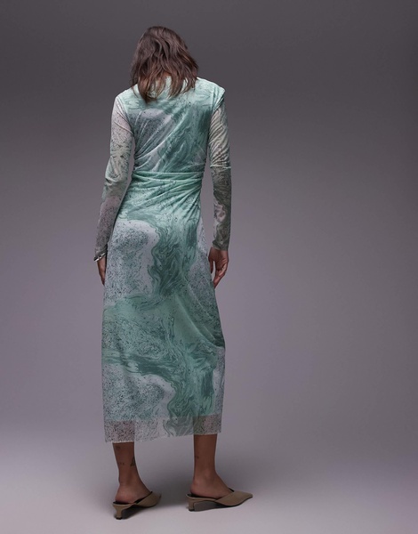 & Other Stories sheer mesh midi dress in green marble print