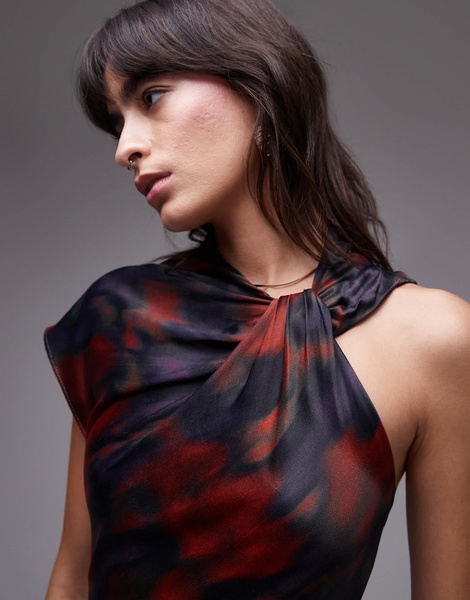 Topshop knot neck detail midi dress in red floral