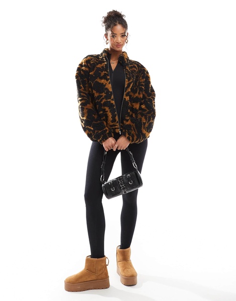 ASOS DESIGN borg oversized pull on zip through fleece in tiger print