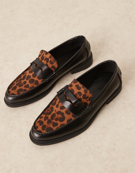 ASOS DESIGN penny loafers in black with leopard print