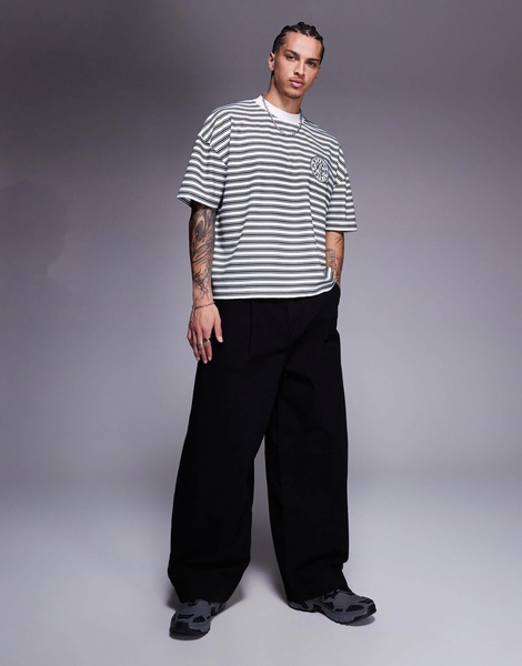 ASOS DESIGN boxy oversized T-shirt with dropped shoulder and chest embroidery in black and white stripe