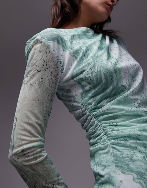 & Other Stories sheer mesh midi dress in green marble print
