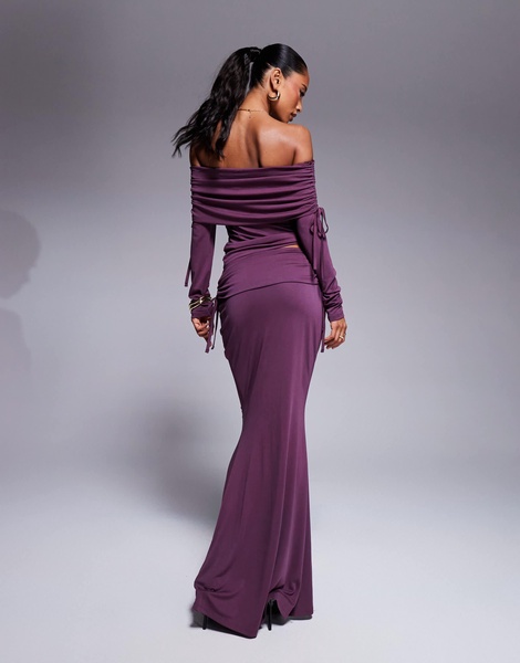 ASOS DESIGN soft handle fold over waist fishtail maxi skirt with side ruching in burgundy