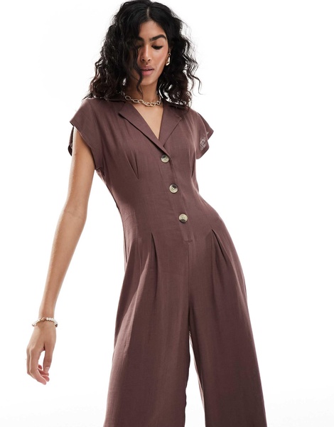 ASOS DESIGN collared linen button up jumpsuit in chocolate