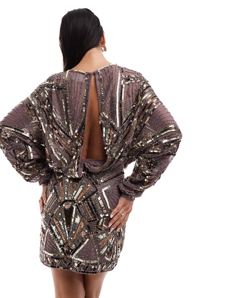 ASOS DESIGN linear embellished batwing mini dress with cowl back in dusky lilac