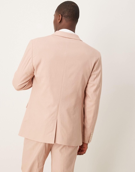 ASOS DESIGN double breasted slim suit jacket with linen in dusty pink