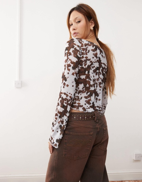 COLLUSION mesh off shoulder cow print top