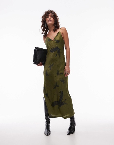 AllSaints Melody satin maxi dress in green