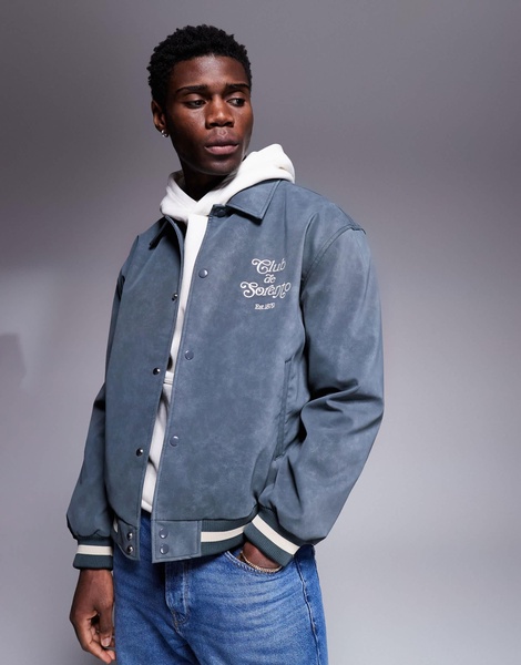 ASOS DESIGN oversized faux suede varsity jacket in gray