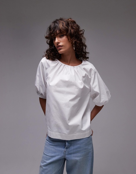 Topshop poplin puff sleeve top in ivory