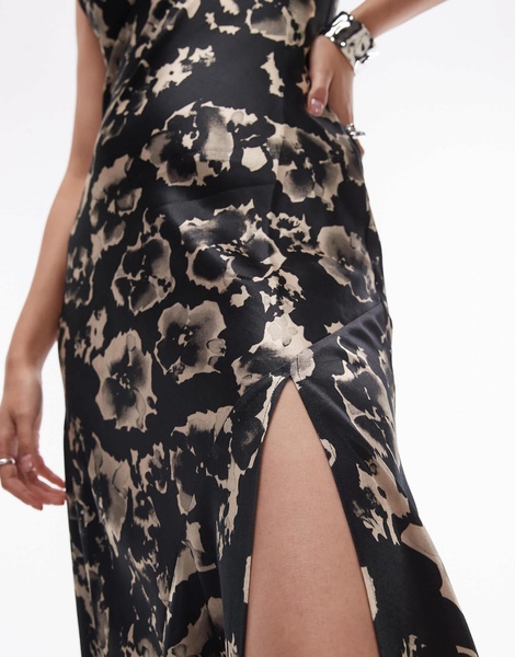 Topshop drape neck maxi dress in blurred mono floral