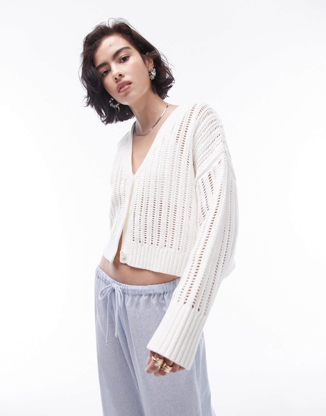 Topshop knitted open stitch cardigan in ivory