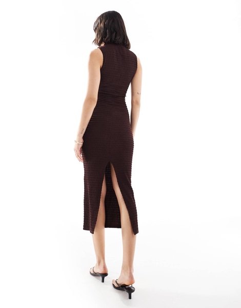 Bershka textured high neck maxi dress in brown