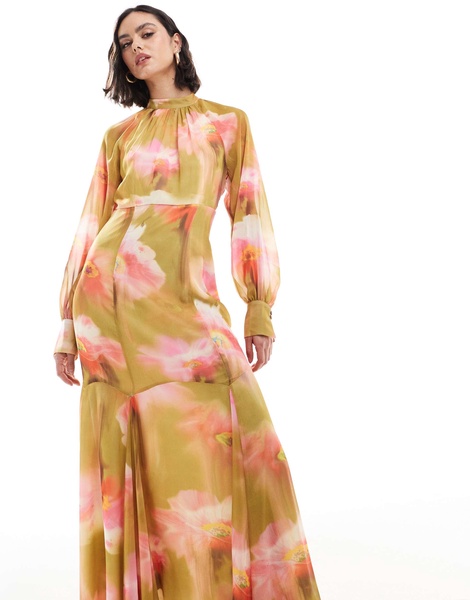 ASOS DESIGN high neck maxi dress with flare hem in green floral print
