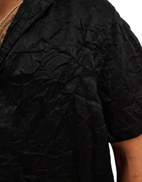 ASOS DESIGN short sleeve relaxed deep revere collar satin shirt in black