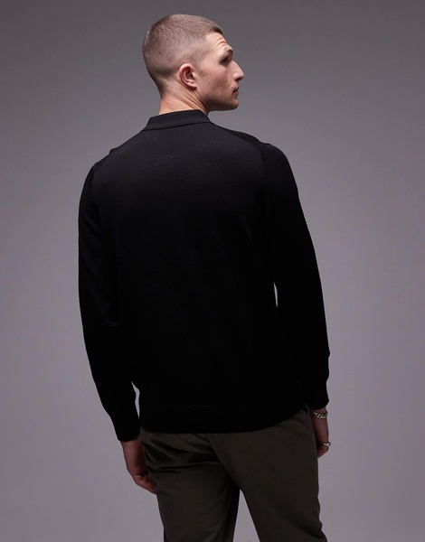 ARKET merino wool knit long sleeve polo shirt in black