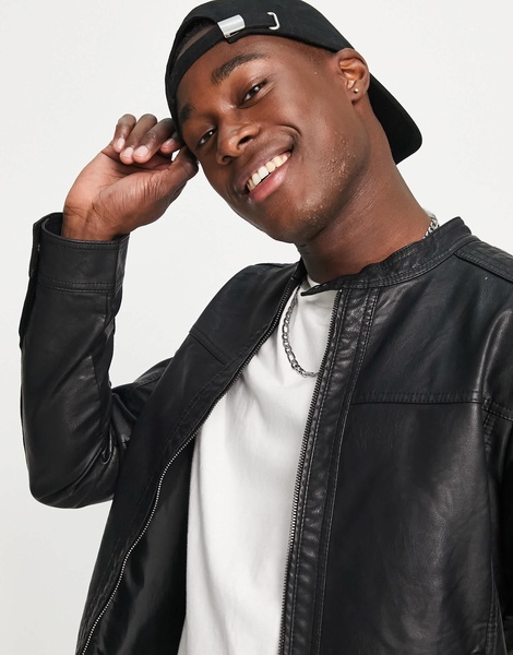 Jack & Jones Essentials faux leather biker jacket in black