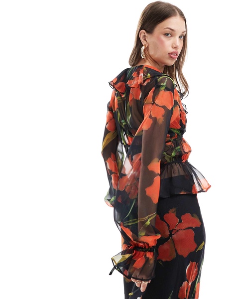 ASOS DESIGN long sleeve chiffon ruffle tie top in floral print - part of a set