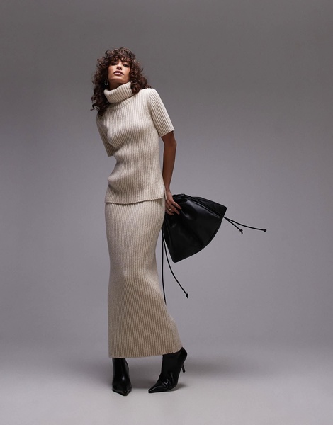ARKET premium wool and cotton blend soft knit ribbed short sleeve sweater with roll neck in light beige - part of a set