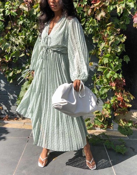 ASOS DESIGN pleated midi dress with drawstring waist and balloon sleeves in chevron dobby in sage green