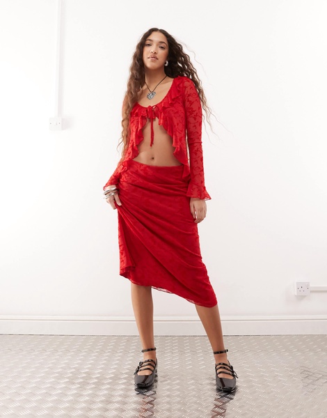Reclaimed Vintage flocked mesh midi skirt in cherry red - part of a set