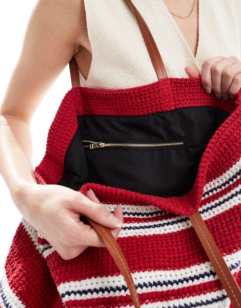 ASOS DESIGN hand crochet look knit tote bag in red and blue stripe