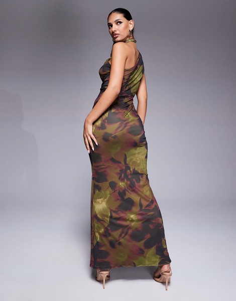 ASOS DESIGN halter cross front maxi dress in dark green & pink floral