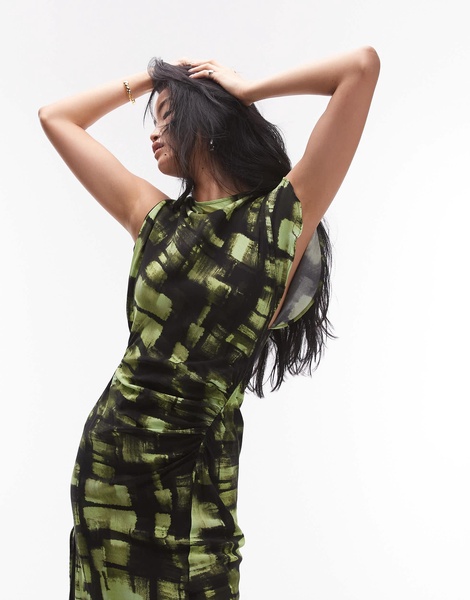 Topshop sliced sleeve ruched side maxi dress in green plaid print