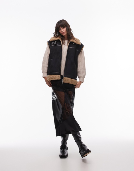 Topshop suede shearling vest in black