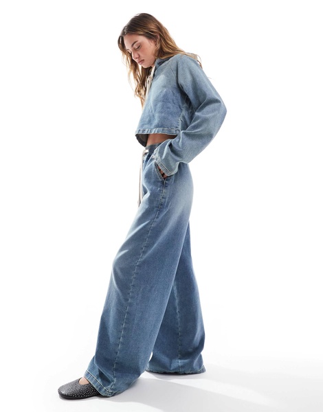 ASOS DESIGN denim jersey wide leg pants in midwash blue - part of a set