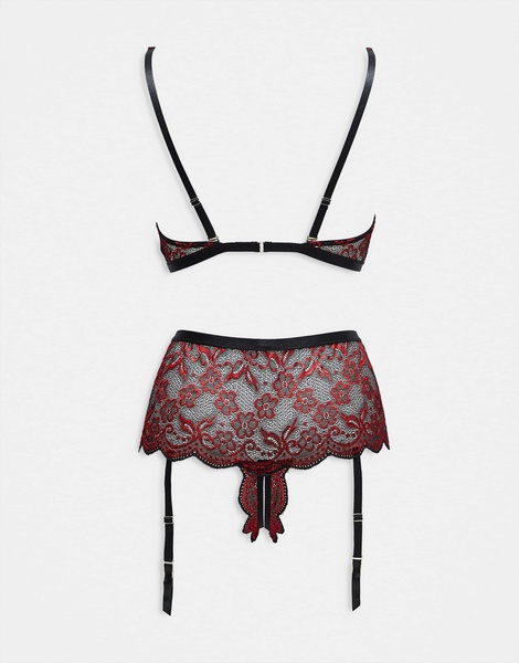 Ann Summers Valentines Brooke Floral Lace Crotchless Set in red