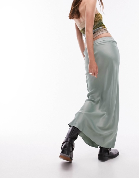 Topshop satin bias maxi skirt with elastic waistband in sea green